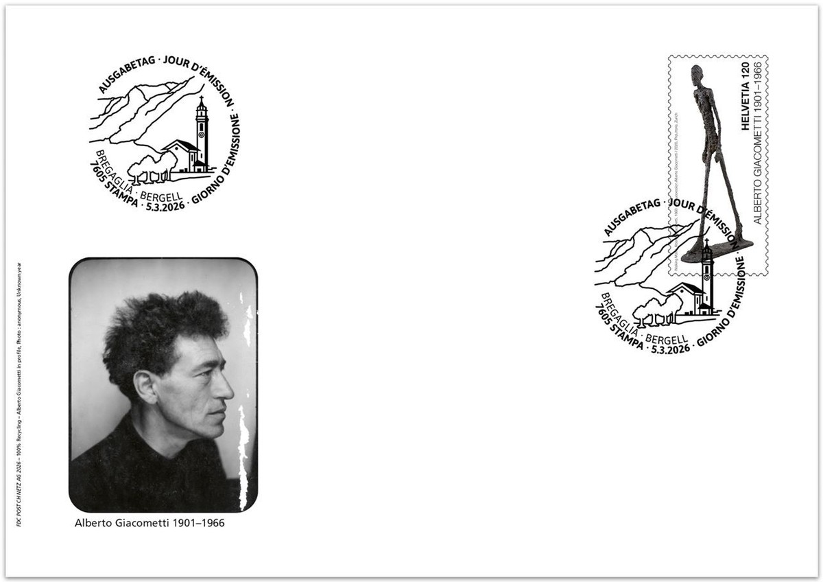 Le timbre suisse dédié à Alberto Giacometti, inspiré de «L’Homme qui marche I» (1960), sera émis le 5 mars 2026.