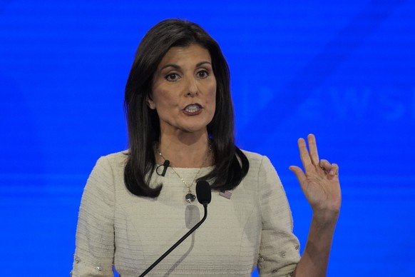 Republican presidential candidate former U.N. Ambassador Nikki Haley speaks during a Republican presidential primary debate hosted by NewsNation on Wednesday, Dec. 6, 2023, at the Moody Music Hall at  ...