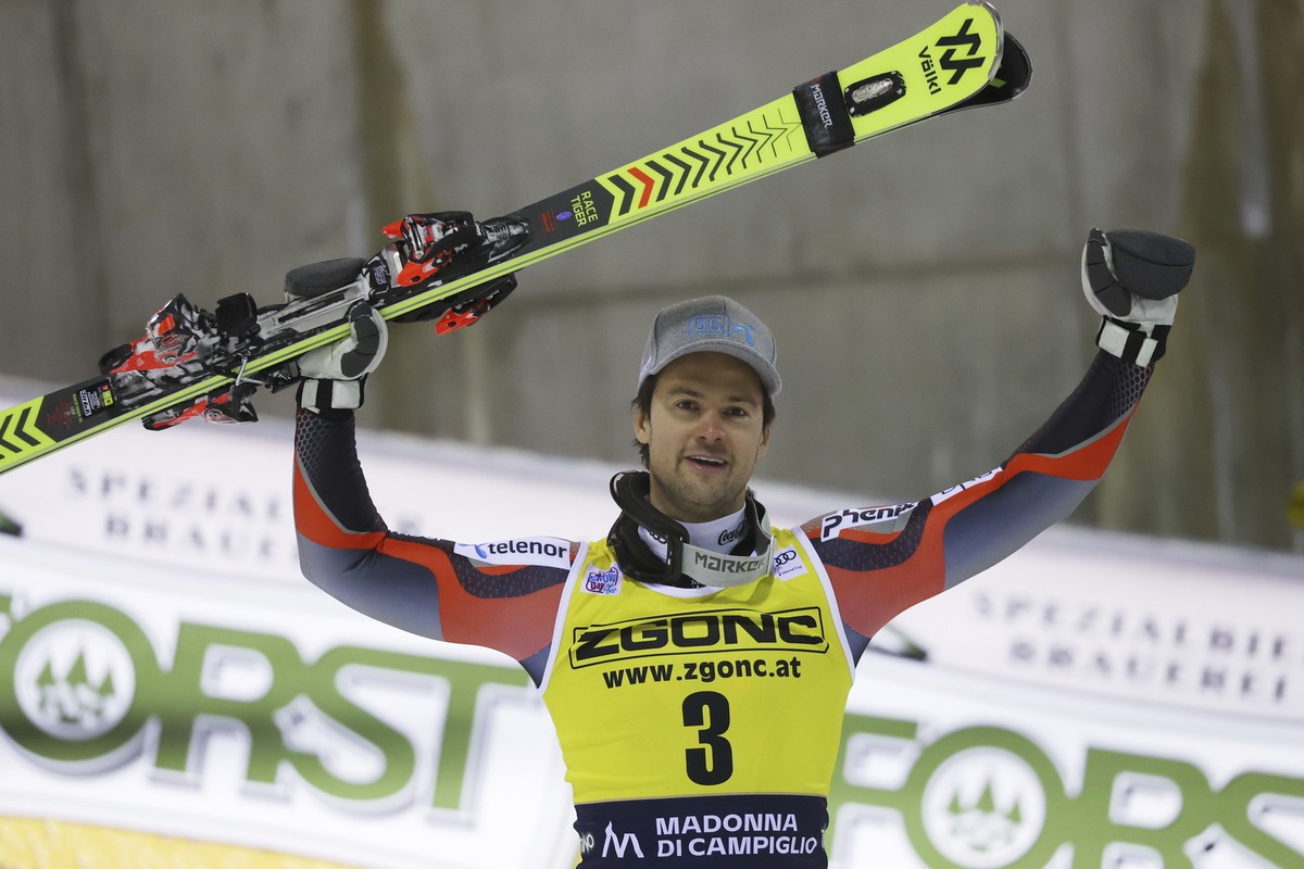 Norway's Sebastian Foss Solevaag reacts after winning an alpine ski, men's World Cup slalom, in Madonna di Campiglio, Italy, Wednesday, Dec. 22, 2021. (AP Photo/Alessandro Trovati)