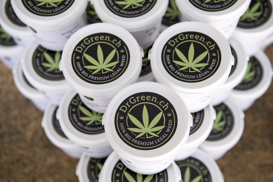 Un vendeur dispose une plante de cannabis CBD (Cannabidiol) avec moins de 1% de THC, sur la table de son magasion &quot;DrGreen&quot; a Lausanne ce vendredi 17 mars 2017. Les ventes de cannabis CBD ex ...