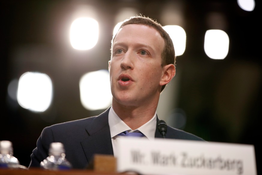 FILE - In this April 10, 2018, file photo, Facebook CEO Mark Zuckerberg testifies before a joint hearing of the Commerce and Judiciary Committees on Capitol Hill in Washington about the use of Faceboo ...