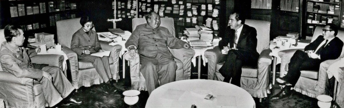 Feb. 15, 1972 - Beijing, China - L-R Chinese Premier ZHOU ENLAI, interpreter NANCY TANG, Chinese Chairman MAO ZEDONG Mao Tse Tsung, US President RICHARD NIXON, and US National Security Advisor HENRY K ...