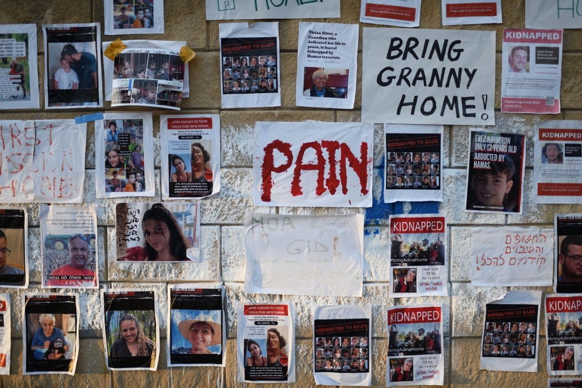 A wall covered with photographs of some of those taken hostage by Hamas during their recent attacks, on October 20, 2023 in Tel Aviv, Israel.