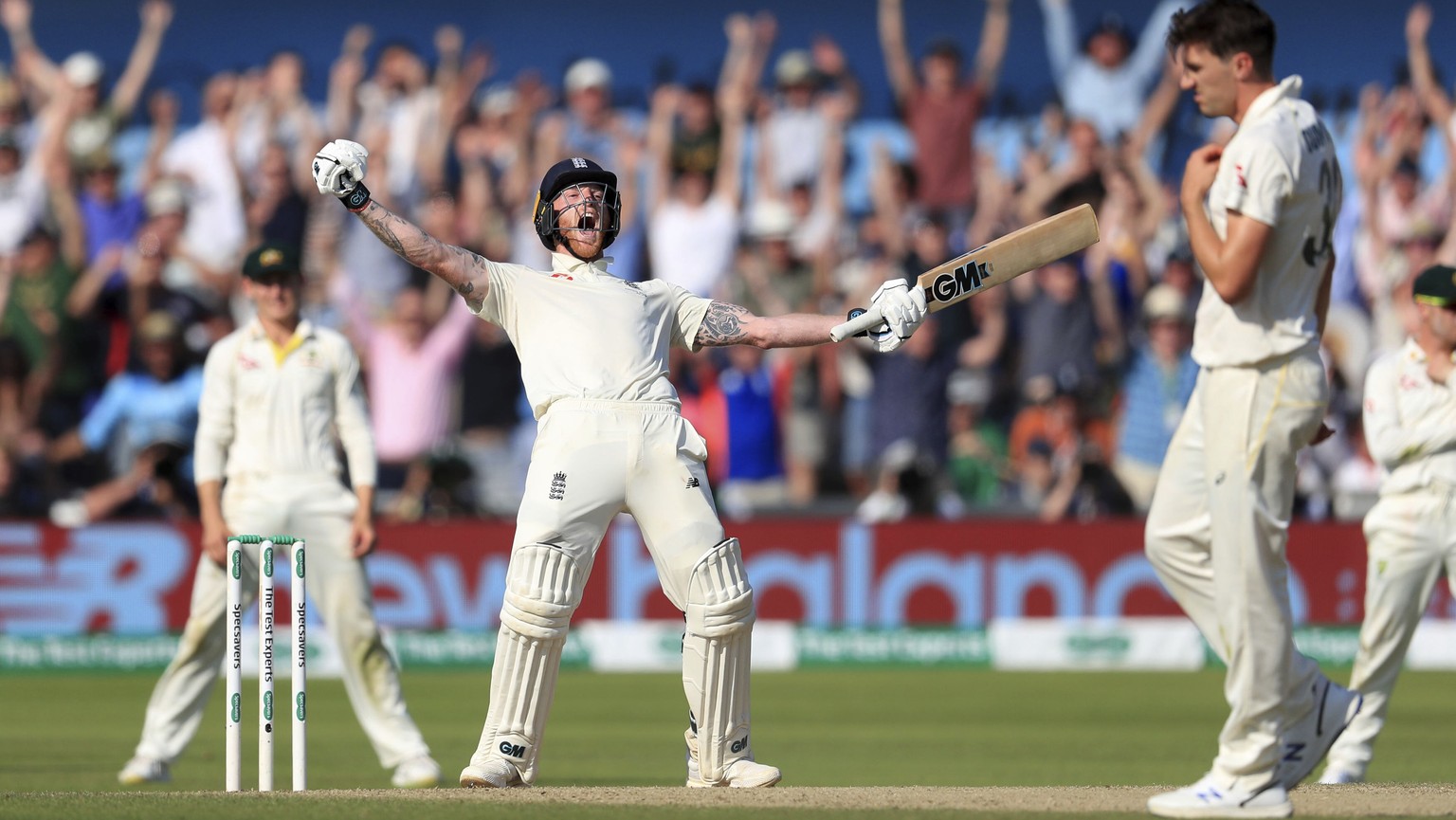 England&#039;s Ben Stokes celebrates victory on day four of the third Ashes cricket Test match against Australia at Headingley, Leeds, England, Sunday Aug. 25, 2019. (Mike Egerton/PA via AP)