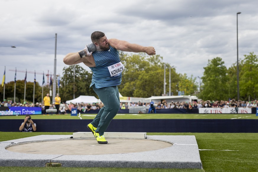 Joe Kovacs of the United States competes in the Shot Put Men during the city event of the Weltklasse IAAF Diamond League international athletics meeting at Sechselaeutenplatz in Zurich, Switzerland, W ...