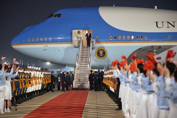 President Donald Trump arrives on Air Force One, Wednesday, May 13, 2026, at Beijing Capital International Airport in Beijing. (AP Photo/Mark Schiefelbein)
Donald Trump