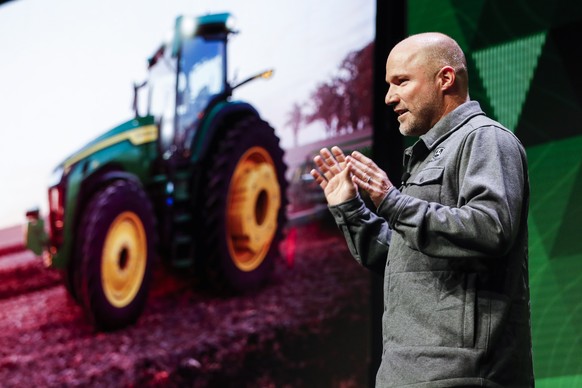 epa09666662 John Deere Vice President Autonomy and New Ventures, Willy Pell delivers a speech during John Deere press conference during the CES Unveiled Las Vegas at the 2022 International Consumer El ...