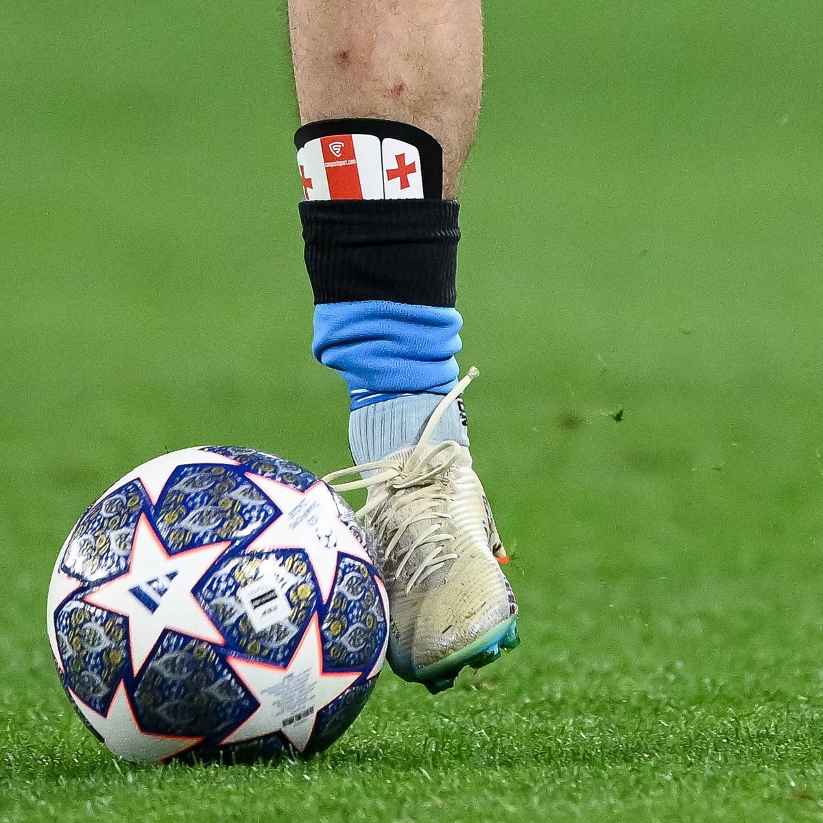 SSC Napoli v Eintracht Frankfurt - UEFA Champions League Close up of Khvicha Kvaratskhelia of SSC Napoli shin-guard with georgian flag on it during the UEFA Champions League match round of 16 leg Two  ...