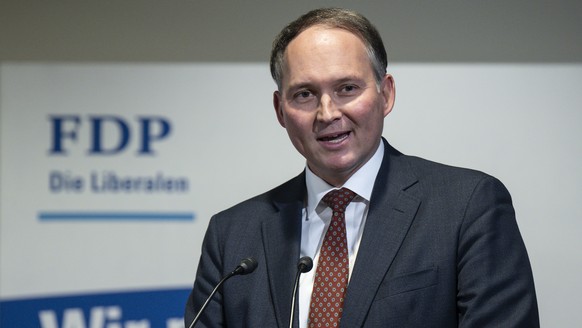 Nationalrat Simon Michel, FDP-SO, spricht an der Delegiertenversammlung der FDP, am Samstag, 18. Oktober 2025, in Bern. (KEYSTONE/Peter Schneider)