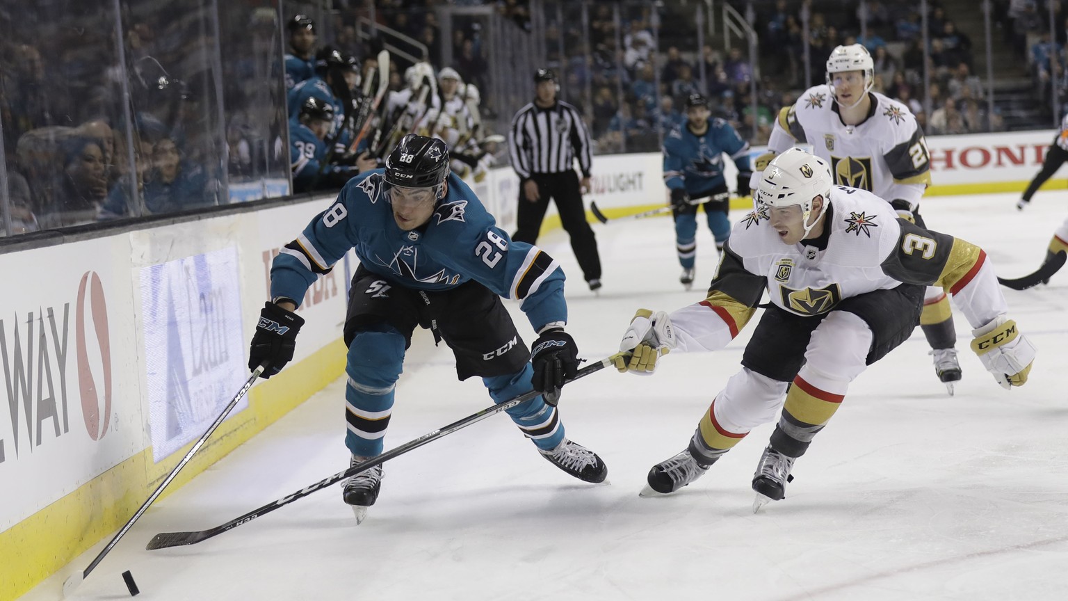 San Jose Sharks&#039; Timo Meier, left, is defended by Vegas Golden Knights&#039; Brayden McNabb during the second period of an NHL hockey game Thursday, March 22, 2018, in San Jose, Calif. (AP Photo/ ...