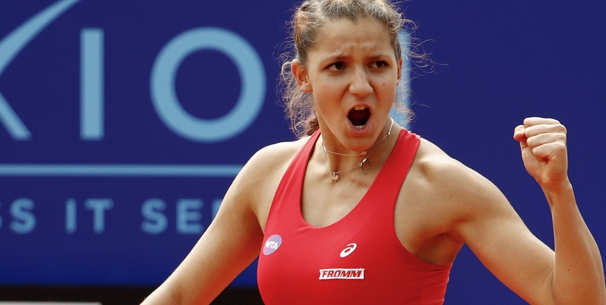 Rebeka Masarova of Switzerland celebrates after winning the second round match against Anett Kontaveit of Estonia, at the WTA Ladies Championship tennis tournament in Gstaad, Switzerland, Friday, July ...