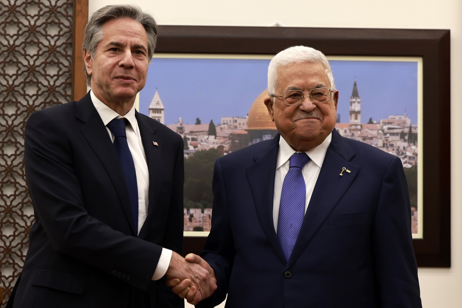 US Secretary of State, Antony Blinken, left, meets with Palestinian president Mahmud Abbas, right, in Ramallah in the Israeli-occupied West Bank on Wednesday, Jan. 10, 2024, during his week-long trip  ...