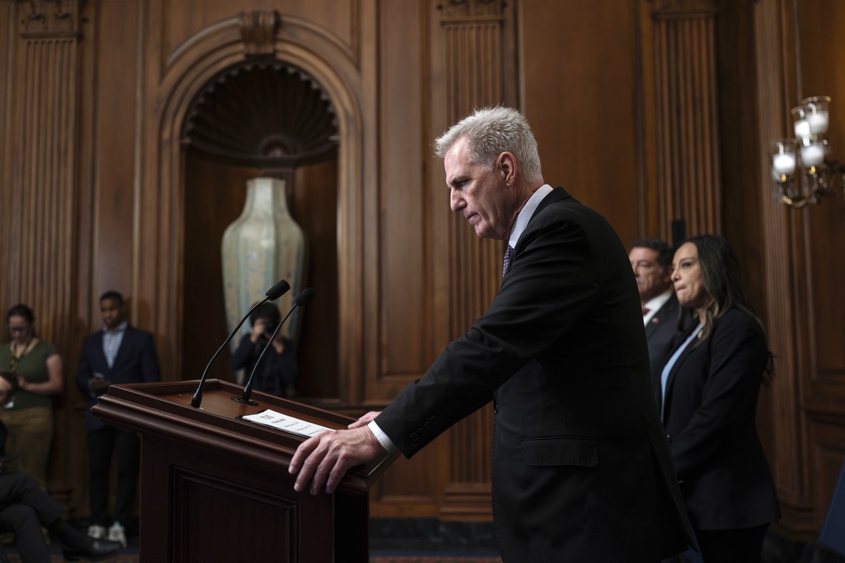FILE - Speaker of the House Kevin McCarthy, R-Calif., pauses as he addresses reporters about efforts to pass appropriations bills and avert a looming government shutdown, at the Capitol in Washington, ...