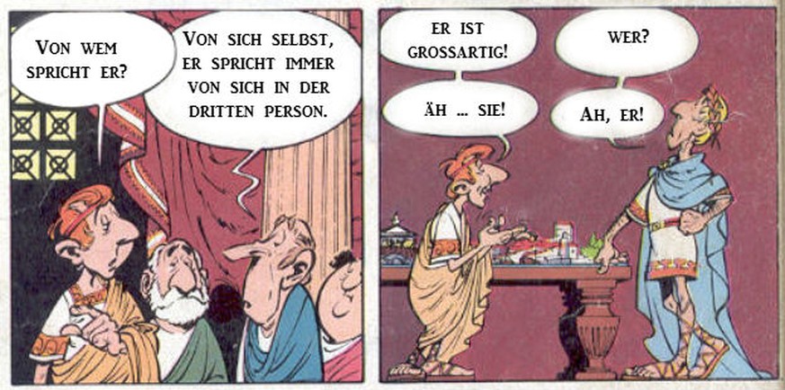 Caesar spricht von sich in dritter Person, eine Anspielung auf sein literarisches Werk «De bello Gallico» (Gallischer Krieg), in dem er von sich als «Casear» schreibt.&nbsp;