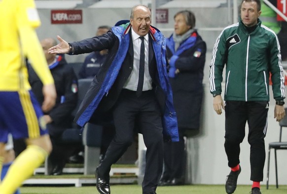 Italy coach Gian Piero Ventura reacts during the World Cup qualifying play-off first leg soccer match between Sweden and Italy, at the Friends Arena in Stockholm, Friday, Nov. 10, 2017. (AP Photo/Fran ...