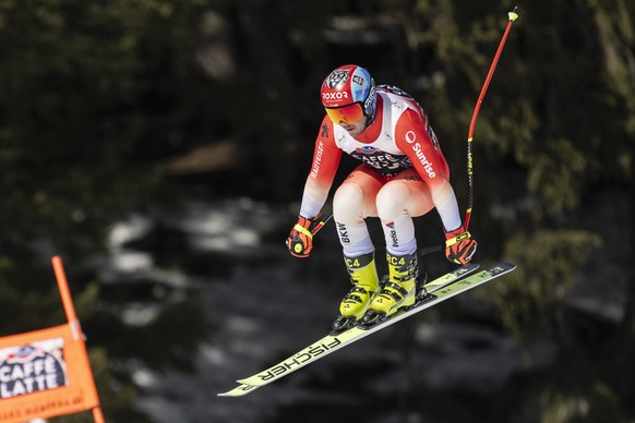 Livio Hiltbrand of Switzerland in action during a training session for the men&#039;s Downhill race at the Alpine Skiing FIS Ski World Cup, in Crans-Montana, Switzerland, Friday, February 21, 2025. (K ...