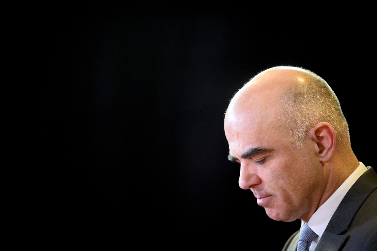 Switzerland's President Alain Berset speaks during a press conference at the House of Switzerland, HoS, on the sideline of the 53rd annual meeting of the World Economic Forum, WEF, in Davos, Swit ...