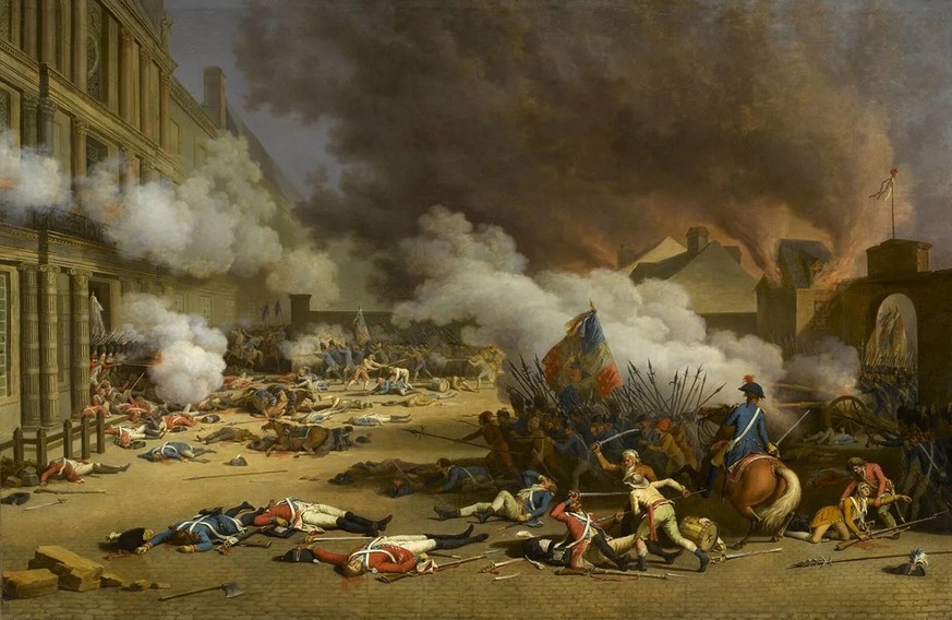 Der Tuileriensturm am 10. August 1792. Die Schweizergardisten trugen rot-weisse Uniformen.
https://commons.wikimedia.org/wiki/File:Jacques_Bertaux_-_Der_Tuileriensturm_am_10._August_1792.jpg