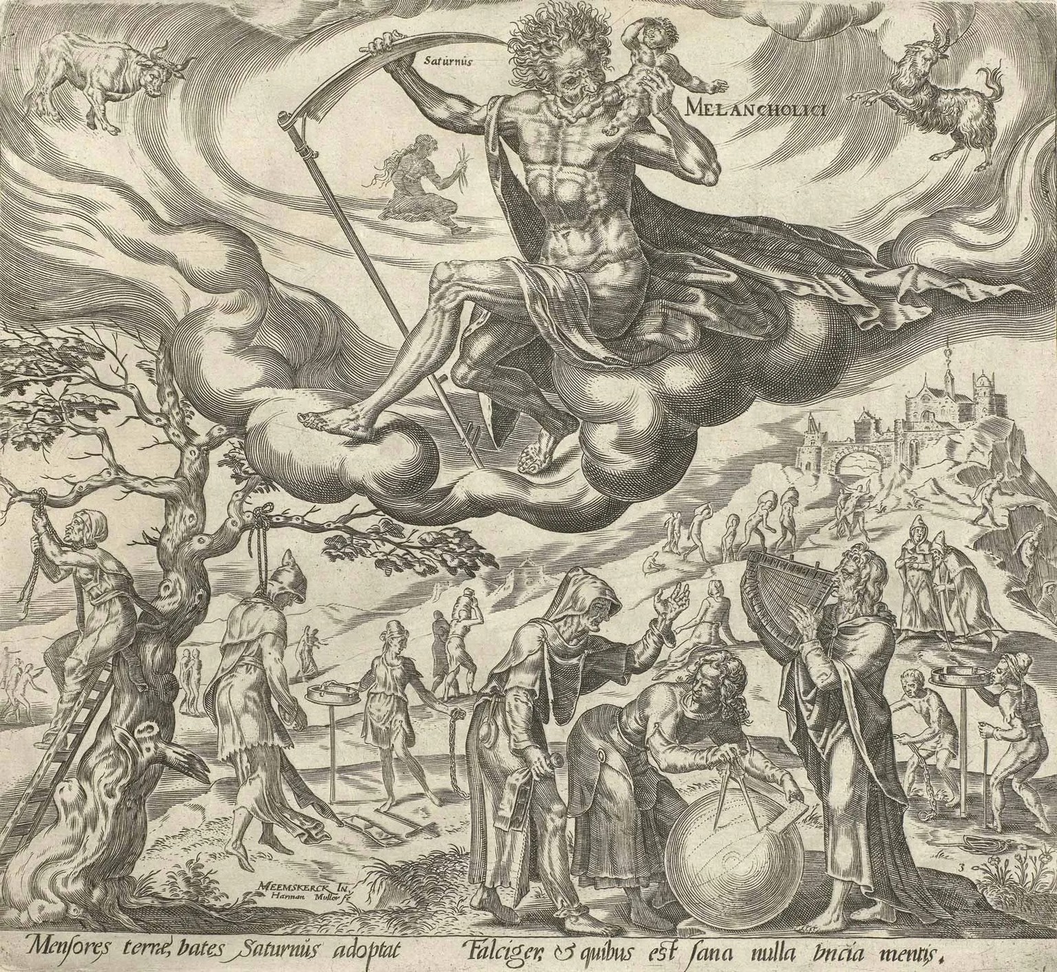 Das melancholische Temperament, Gravur aus dem Jahr 1566.
https://commons.wikimedia.org/wiki/File:Melancholisch_temperament_Melancholici_(titel_op_object)_De_vier_temperamenten_(serietitel),_RP-P-OB-2 ...