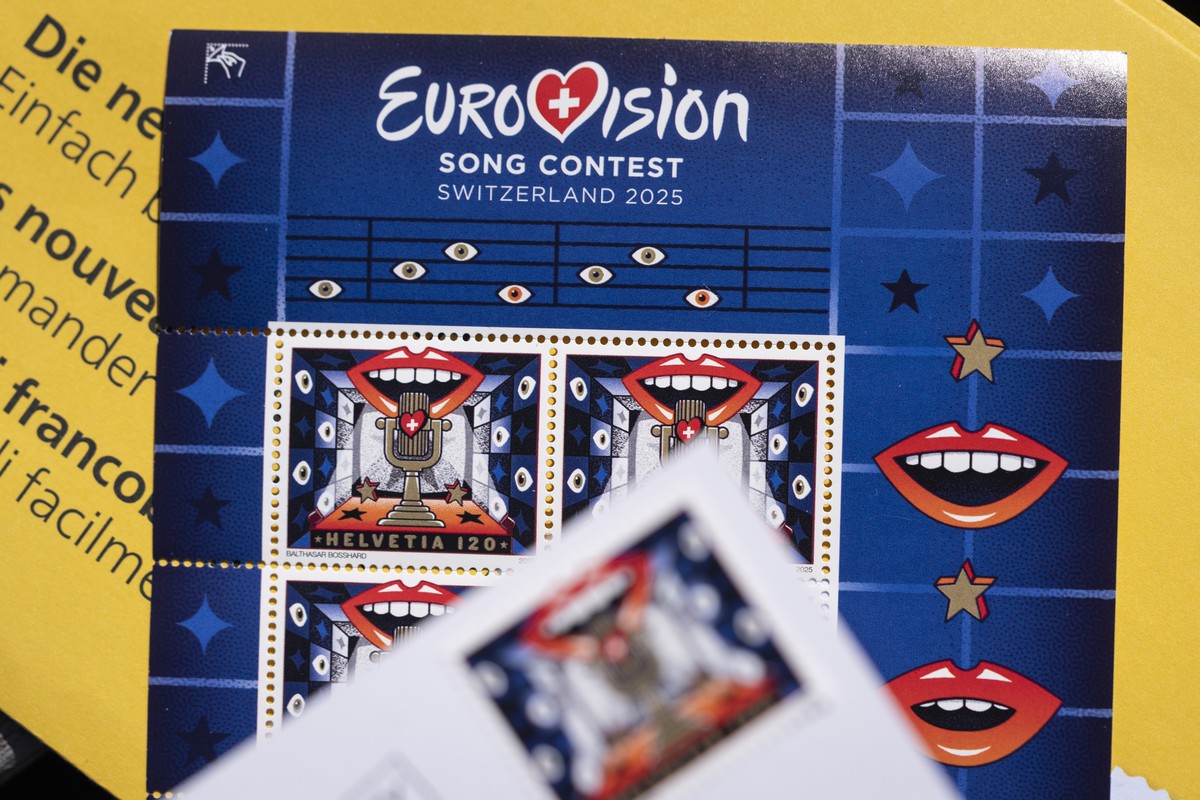 KEYPIX - Die Sonderbriefmarke der Schweizerischen Post zu Fr. 1.20, kreiert anlaesslich des Eurovision Song Contest 2025 (ESC), fotografiert am Samstag, 8. Maerz 2025 in Zuerich. (KEYSTONE/Gaetan Ball ...