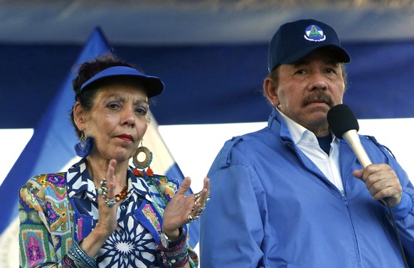 FILE - In this Sept. 5, 2018 file photo, Nicaragua&#039;s President Daniel Ortega and his wife, Vice President Rosario Murillo, lead a rally in Managua, Nicaragua. The European Union on Monday, Aug. 2 ...