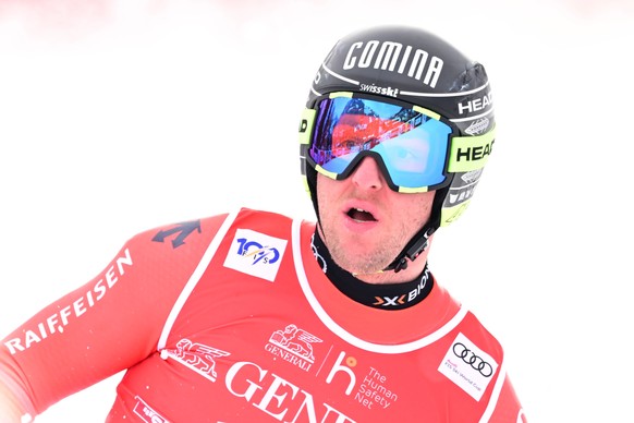 epa11089530 Justin Murisier of Switzerland reacts after his run during the Men&#039;s Downhill race at the FIS Alpine Skiing World Cup in Kitzbuehel, Austria, 19 January 2024. EPA/CHRISTIAN BRUNA