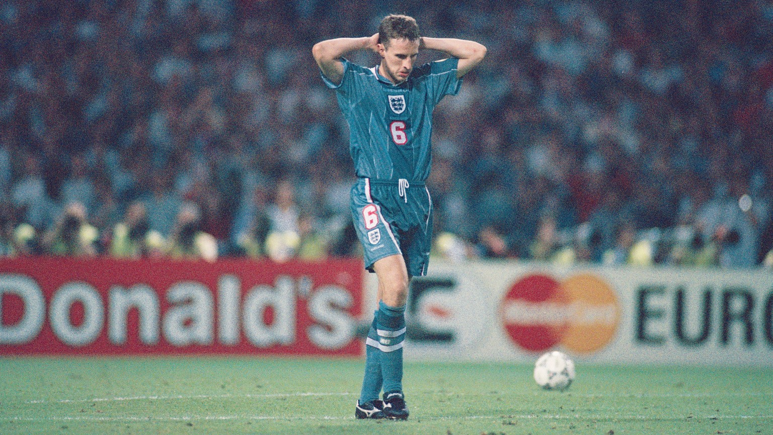 LONDON, UNITED KINGDOM - JUNE 26: England player Gareth Southgate reacts after missing his penalty during the penalty shoot out, during the European Championship Finals semi final match between Englan ...