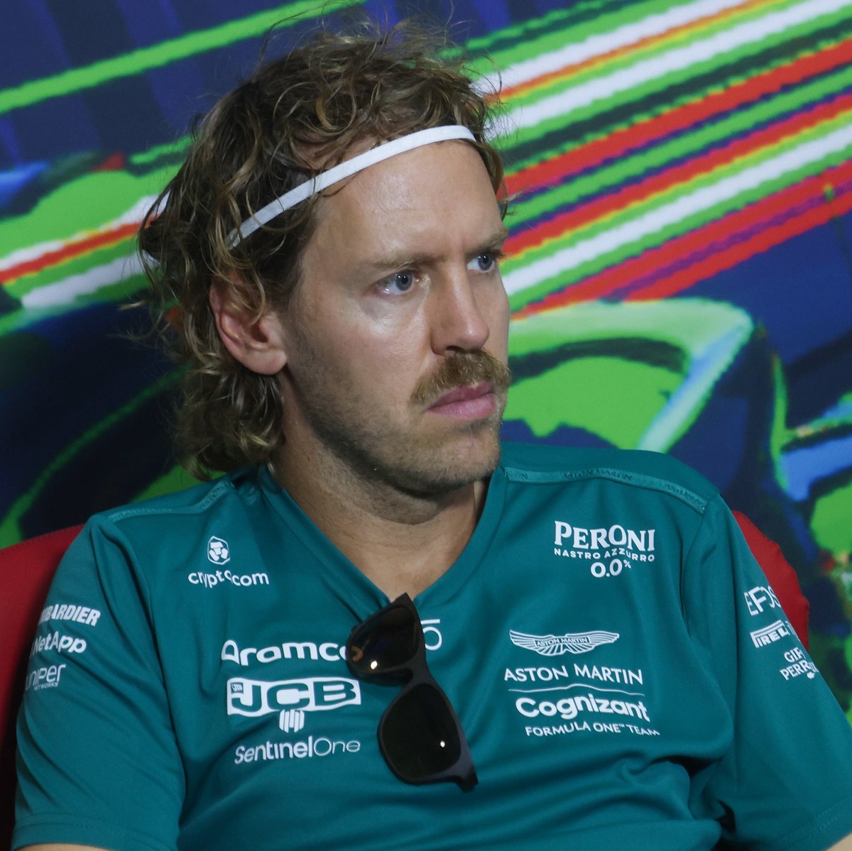 epa10170041 Aston Martin driver Sebastian Vettel of Germany during a press conference at the Monza racetrack ahead of the Formula One Grand Prix of Italy in Monza, Italy, 08 September 2022. EPA/MATTEO ...