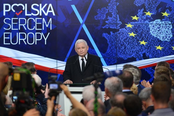 epa07604006 Leader of the Polish Law and Justice (PiS) ruling party Jaroslaw Kaczynski after the announcement of the exit polls of the European elections in Warsaw, Poland, 26 May 2019. The European P ...