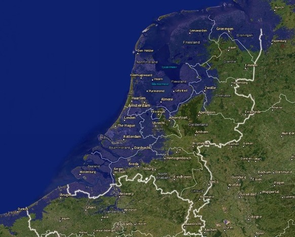 So würden die Niederlande aussehen, wenn der Meeresspiegel um zwei Meter ansteigen würde.