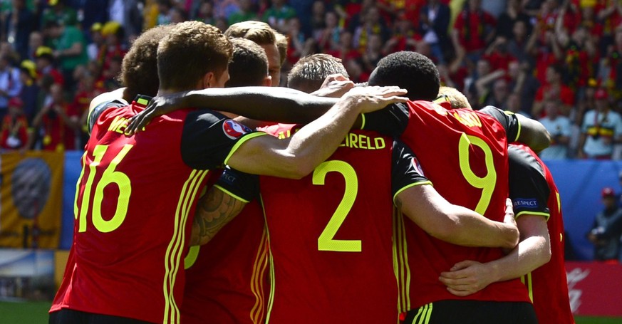 Die Belgier feiern gemeinsam den Sieg gegen Irland.<br data-editable="remove">
