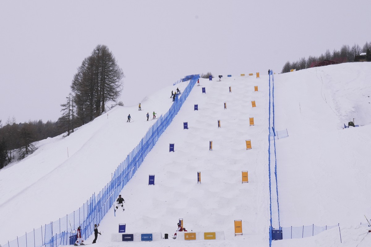 A view of Livigno Moguls Park, venue for the Freestyle skiing discipline at the Milan Cortina 2026 Winter Olympics, during the women's and men's freestyle skiing moguls competitions at the W ...