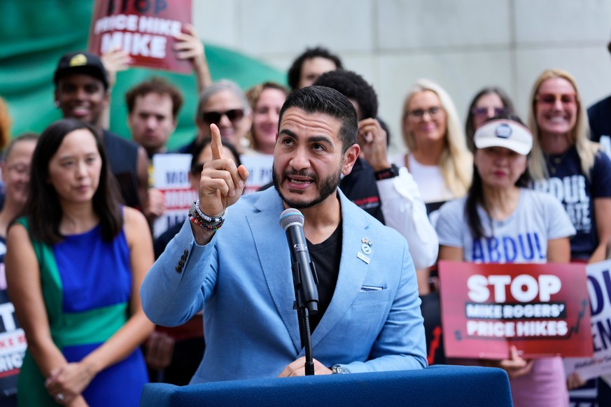 Democratic nominee for U.S. Senate Abdul El-Sayed speaks at a news conference at the base of the Spirit of Detroit monument in Detroit, Wednesday, Aug. 19, 2026. (AP Photo/Paul Sancya)
Abdul El-Sayed