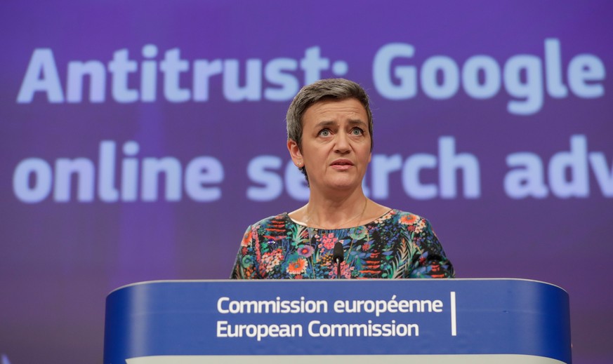 epa07450248 EU Commissioner for Competition Margrethe Vestager, from Denmark, speaks at a news conference on the concurrence case with Google online search advertising, at the European Commission in B ...