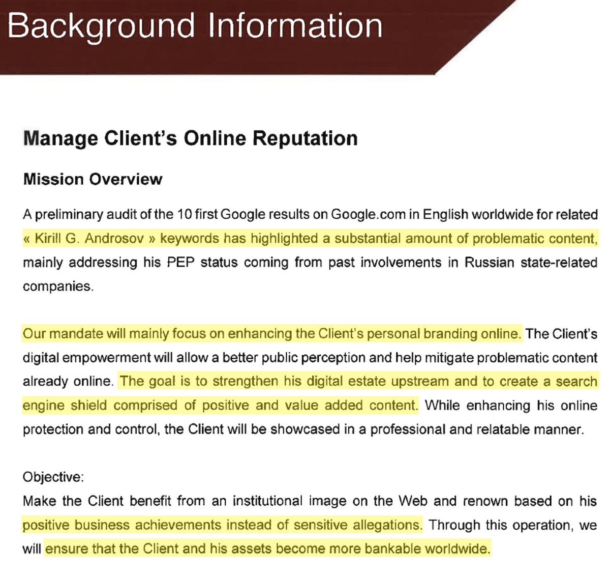 Extrait de l'offre de la société genevoise Global Risk Profile à Androsov pour améliorer sa «réputation en ligne».