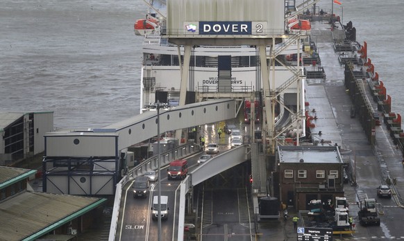 Lorries arrive onboard the DFDS Dover Seaways ferry at the Port of Dover on the first fully operational day at the port under post-Brexit regulations, in Kent, England, Monday, Jan. 4, 2021. (Gareth F ...