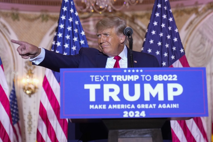 Former President Donald Trump gestures as he announces he is running for president for the third time as he speaks at Mar-a-Lago in Palm Beach, Tuesday, Nov. 15, 2022. (AP Photo/Andrew Harnik)
Donald  ...