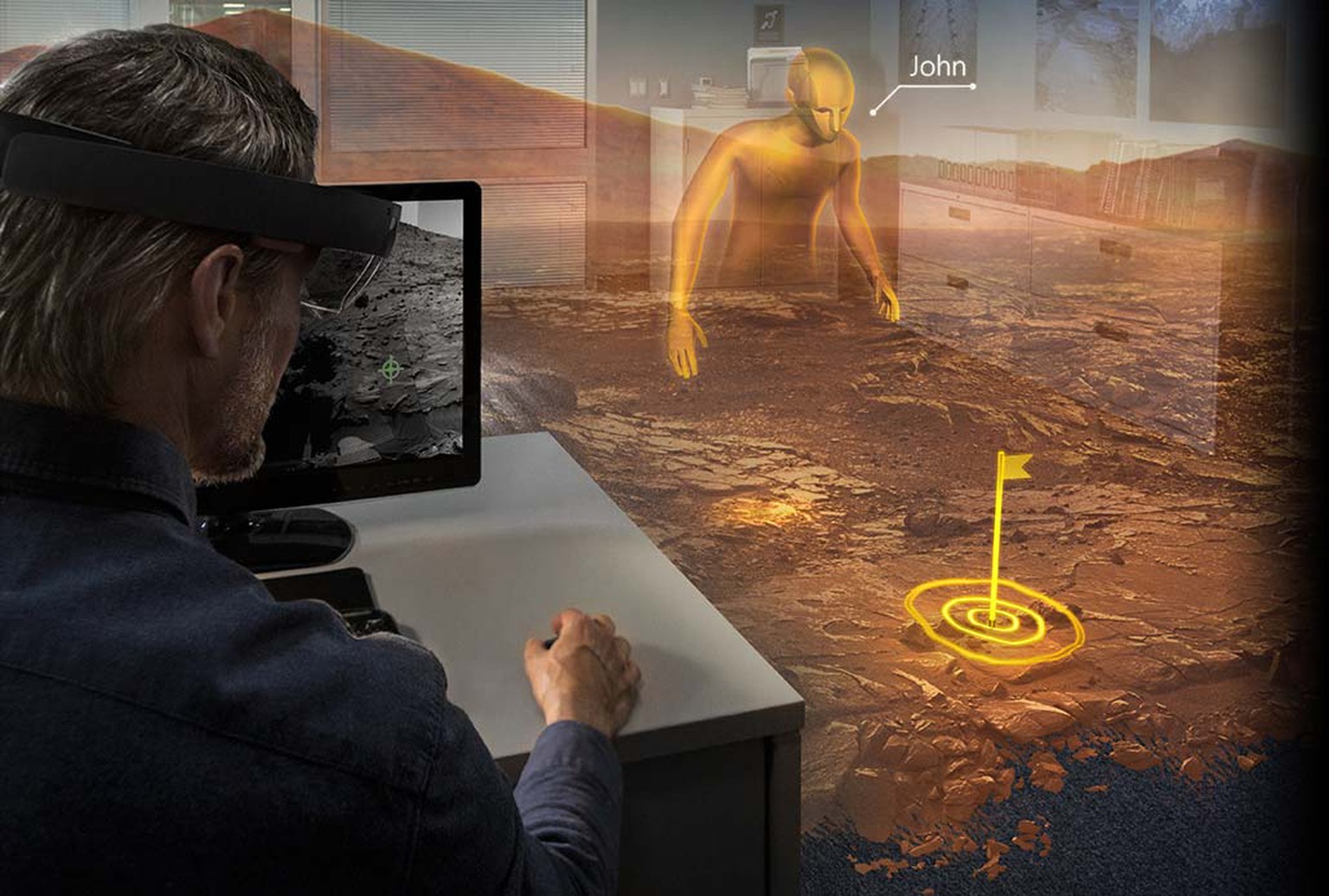 Die Person «in Gold» ist eine zweite Person, die ebenfalls HoloLens trägt, sich aber zum Beispiel in einem anderen Land befindet.