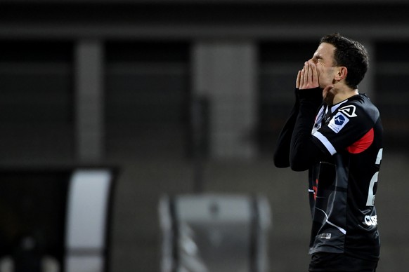 Lugano&#039;s player Olivier Custodio reacts during the Super League soccer match between FC Lugano and FC St. Gallen at the Cornaredo stadium in Lugano, on Saturday, 19 February 2022. (KEYSTONE/Ti-Pr ...