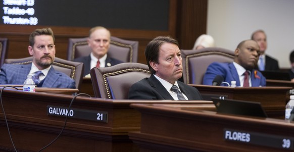 Florida Sens., from left, Greg Steube, David Simmons, Bill Galvano and Randolph Bracy listen as Sen. Lauren Book makes an impassioned plea for passage of the Marjory Stoneman Douglas High School Stude ...