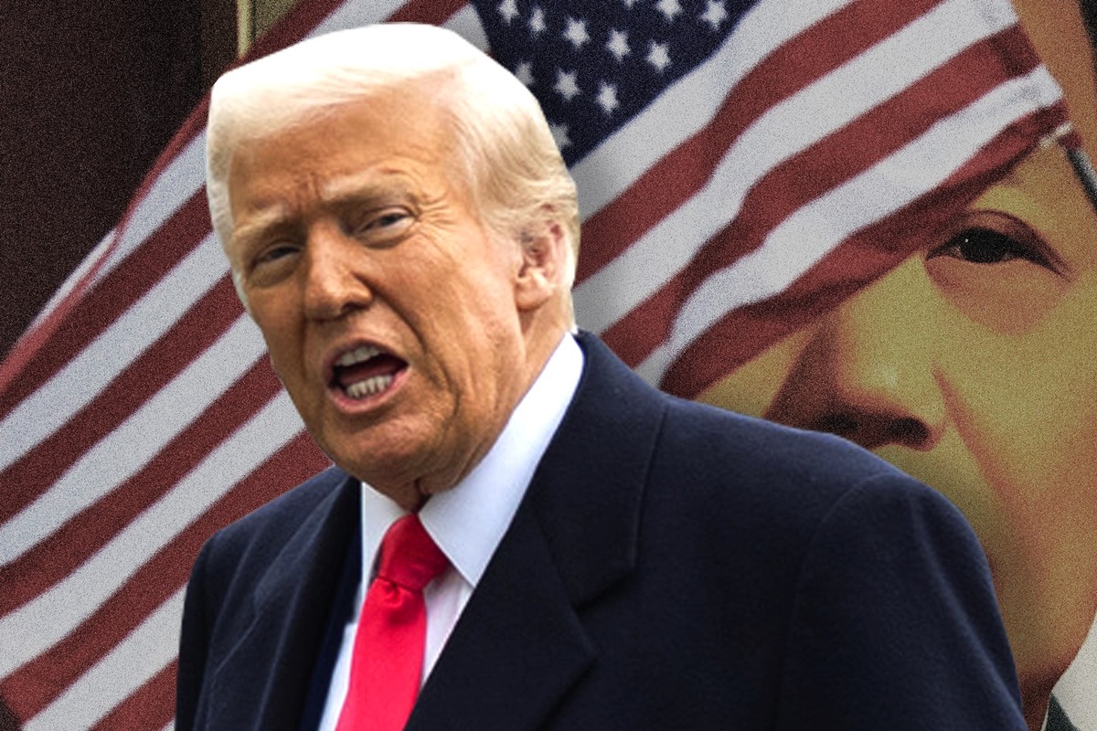 Chinesen und Chinesinnen vergleichen Trump mit Mao auf Social Media. Donald Trump im Vordergrund über einem Bild von Mao Zedong, das von einer amerikanischen Flagge halb überdeckt wird.