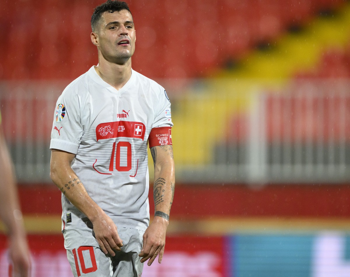 Switzerland's midfielder Granit Xhaka during the UEFA Euro 2024 qualifying group I soccer match between Belarus and Switzerland behind closed doors at Karadjordje stadium in Novi Sad, Serbia, Sat ...