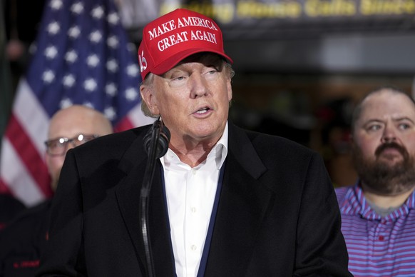 Former President Donald Trump speaks at the East Palestine Fire Department as he visits the area in the aftermath of the Norfolk Southern train derailment Feb. 3 in East Palestine, Ohio, Wednesday, Fe ...