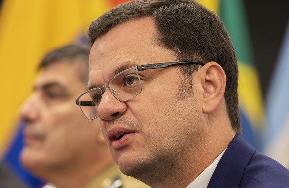 epa10030270 Minister of Justice of Brazil Anderson Torres participates in the opening ceremony of the meeting against transnational organized crime in South America, in Brasilia, Brazil, 23 June 2022. ...