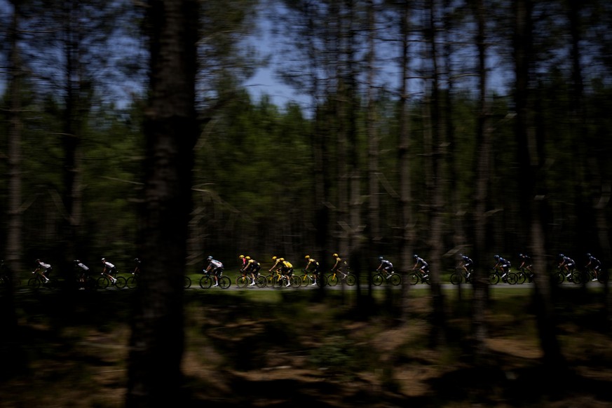The pack rides during the seventh stage of the Tour de France cycling race over 170 kilometers (105.5 miles) with start in Mont-de-Marsan and finish in Bordeaux, France, Friday, July 7, 2023. (AP Phot ...