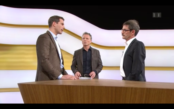 Thierry Burkart (links) und Ruedi Blumer (rechts) bei der Debatte im «Kassensturz».