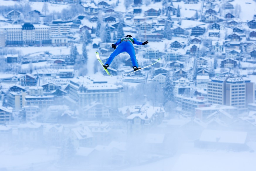 epa10369968 Gregor Deschwanden of Switzerland soars through the air during the Men&#039;s HS 140 competition at the FIS Ski Jumping World Cup in Engelberg, Switzerland, 17 December 2022. EPA/PHILIPP S ...