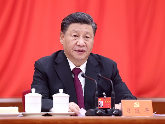 epa09576553 A picture released by Xinhua News Agency shows Xi Jinping, General Secretary of the Communist Party of China (CPC) Central Committee, making a speech at the sixth plenary session of the 19 ...