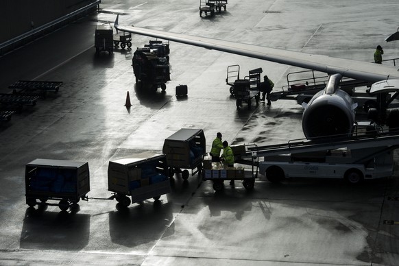 Arbeiter verladen am Airport Zürich Fracht.