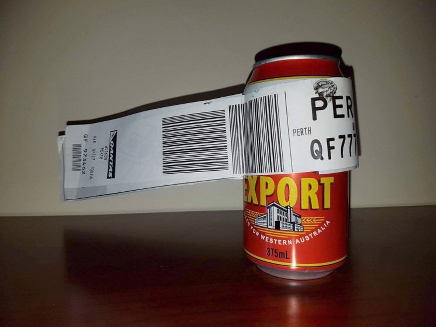 This handout photograph taken on July 8, 2017, and received on July 12 from Dean Stinson shows a can of beer with its baggage tag attached at the Perth Airport. A beer-loving Australian man has manage ...